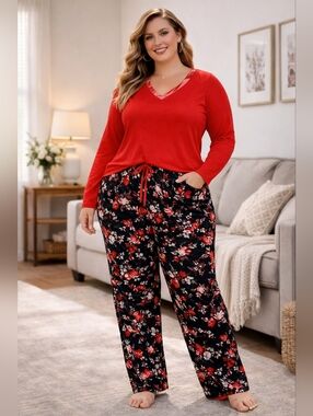 Liz Claiborne XXL Pajama Set Red V-Neck Top Black Floral Pants Cozy Lounge Sleep
